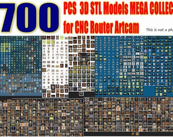 May include: A collection of 1700 3D STL models for CNC routers and Artcam software. The image shows a grid of thumbnails of various designs, including decorative elements, furniture parts, and more.