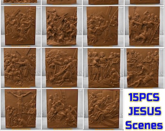 May include: A set of 15 digital images depicting scenes from the life of Jesus Christ. The images are in a brown, textured style and feature various scenes from the Bible, including the crucifixion, the last supper, and the resurrection.