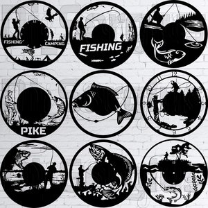 9 proyectos Pesca Pesca Camping Decoración Pared de metal, Arte, Vinilo, Disco, Reloj de pared, Láser, Corte, CNC, Vector, CDR, AI, Svg, Digital, Archivo