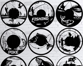 9 projects Fish Fishing Camping Decor metal Wall, Art, Vinyl, Record, Wall Clock, Laser, Cut, cnc, Vector, CDR, AI, Svg, Digital, file