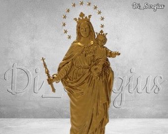 May include: A gold-colored statue of the Virgin Mary holding a baby Jesus. The statue is standing on a gray surface. The Virgin Mary is wearing a crown and a robe. The baby Jesus is wearing a crown and a robe. The statue is surrounded by a halo of stars.