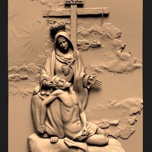 May include: A 3D relief sculpture depicting the Piet&agrave;, a scene of Mary holding the body of Jesus after his crucifixion. The sculpture is carved in a light brown color and features a cross with the inscription "INRI" above Mary and Jesus.