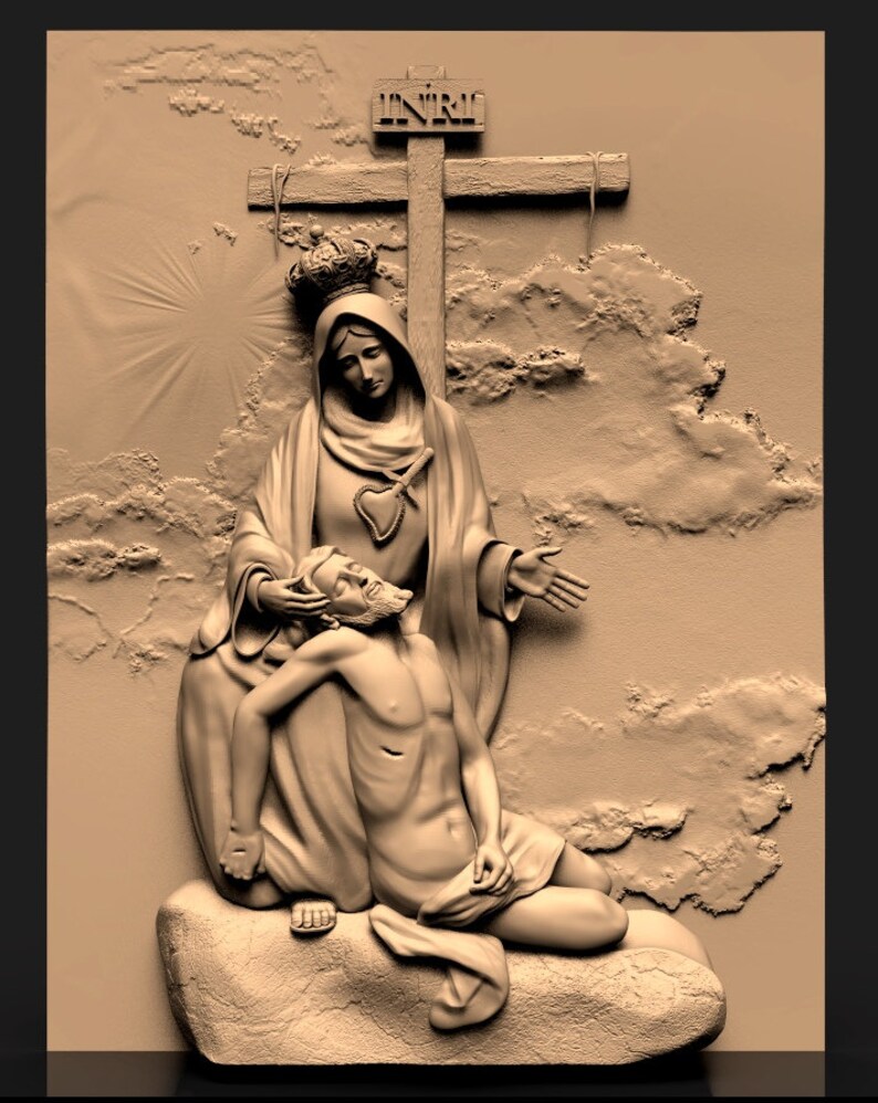 May include: A 3D relief sculpture depicting the Piet&agrave;, a scene of Mary holding the body of Jesus after his crucifixion. The sculpture is carved in a light brown color and features a cross with the inscription "INRI" above Mary and Jesus.