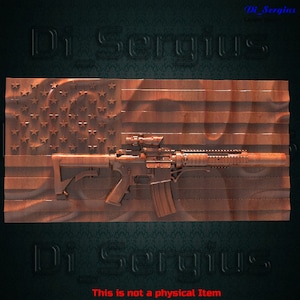 May include: A wooden carving of an American flag with a rifle resting on top of it. The carving is in a brown wood tone and the flag is in red, white, and blue.