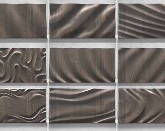 May include: Nine different wood panels with various carved patterns. The panels are arranged in three rows of three. The panels are all a dark brown color.