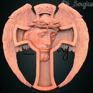3D STL-Modell, Jesus, und Kreuz beten Flügel Relief für CNC-Router Aspire Artcam Carving Sofortiger Download Digitales Produkt 3D-Drucker Graveur