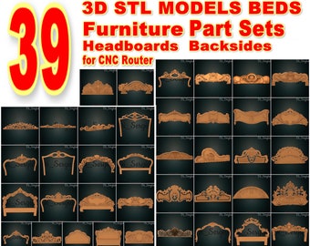 May include: A collection of 39 3D STL models for beds, including headboards and backsides, designed for CNC router use. The image displays various ornate furniture part sets in a grid layout, with text overlayed in red and yellow. The models are in a light brown color.