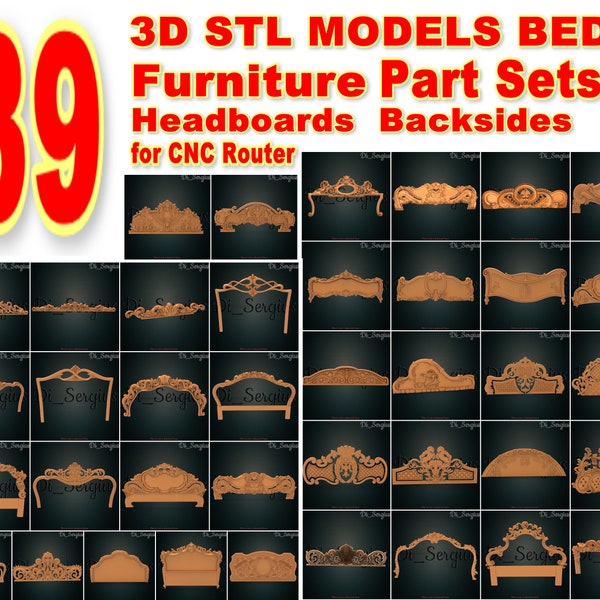 39 Pcs 3D STL, Models, Furniture, Beds, Headboards, Backsides, for CNC, Router, Artcam, Aspire, 3D printer, Carving Instant Download Digital