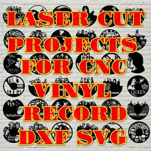 Peut inclure: Un collage d'images montrant des projets de découpe laser pour disques vinyles. Les images présentent divers logos de groupes et pochettes d'albums, notamment The King of Rock and Roll, Queen, Rammstein et The Rolling Stones. Le texte "LASER CUT PROJECTS FOR CNC VINYL RECORD DXF SVG" est affiché en lettres rouges et jaunes.