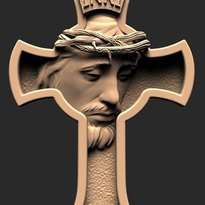 May include: A 3D-printed, beige-colored cross with a detailed carving of Jesus' face. The cross has a raised inscription "INRI" at the top.
