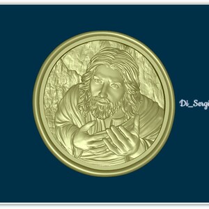 May include: A gold-colored, round, three-dimensional relief sculpture of a man with a beard and long hair. The man is wearing a robe and has his hands raised in a gesture of prayer. The sculpture is set against a background of a rocky landscape.