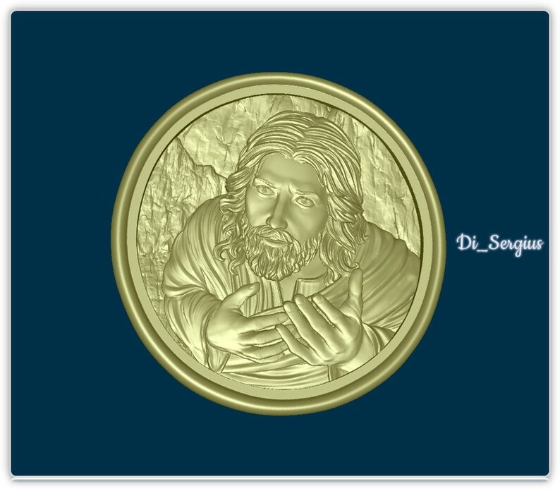 May include: A gold-colored, round, three-dimensional relief sculpture of a man with a beard and long hair. The man is wearing a robe and has his hands raised in a gesture of prayer. The sculpture is set against a background of a rocky landscape.