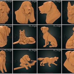 12 3D STL Model Animals wildlife Dog Panno Panel Relief for CNC Router Aspire Carving Engraver ArtCam 3D Printer Instant Download Digital