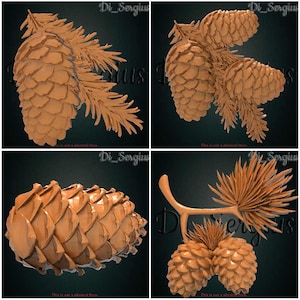 May include: Four close-up images of intricately carved wooden pine cones. The cones are a light brown color and have a detailed, textured surface. The cones are arranged in different positions, showcasing their unique shapes and details.