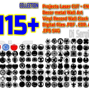 Plus de 115 projets de décoration en métal, mur, art, vinyle, disque, horloge murale, découpe laser cnc, vecteur, PDF, CDR, AI, Eps, Svg, Dxf, numérique, fichier cdr jpg
