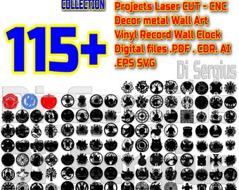 May include: A collection of 115+ digital files for laser cutting and CNC projects. The files are for creating vinyl record wall clocks and metal wall art. The files are available in PDF, CDR, AI, EPS, and SVG formats. The image shows a variety of designs, including animals, plants, and geometric shapes.