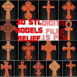 15 3D STL Modell Kreuz keltisches Relief Religius, für CNC-Fräser Aspire Artcam Carving Instant digitales Produkt 3D Drucker Gravur Holz, Kunst,