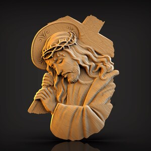 May include: A wooden sculpture of Jesus Christ carrying a cross. He is wearing a crown of thorns and has a sorrowful expression on his face.