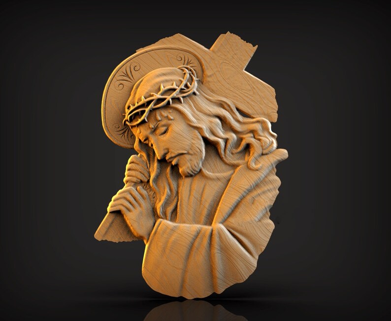 May include: A wooden sculpture of Jesus Christ carrying a cross. He is wearing a crown of thorns and has a sorrowful expression on his face.