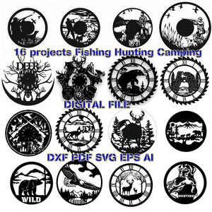 Puede incluir: Un conjunto de 16 archivos digitales para crear proyectos relacionados con la pesca, la caza y el camping. Los archivos incluyen dise&ntilde;os para relojes, arte de pared y otros art&iacute;culos decorativos. Los dise&ntilde;os presentan varios animales, incluidos ciervos, osos y p&aacute;jaros, as&iacute; como otros elementos inspirados en la naturaleza.