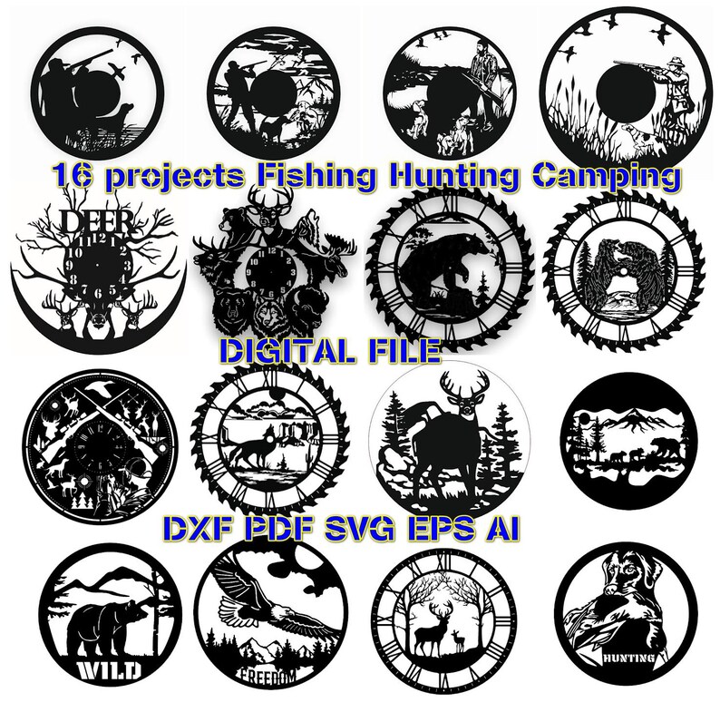 Puede incluir: Un conjunto de 16 archivos digitales para crear proyectos relacionados con la pesca, la caza y el camping. Los archivos incluyen dise&ntilde;os para relojes, arte de pared y otros art&iacute;culos decorativos. Los dise&ntilde;os presentan varios animales, incluidos ciervos, osos y p&aacute;jaros, as&iacute; como otros elementos inspirados en la naturaleza.