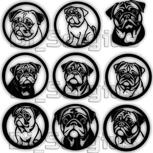 9 Pug Dog Wall Decor Digital Templates SVG DXF Files Instant Download Laser Cricut Metal Laser Cut Vector pattern Digital plywood LightBurn