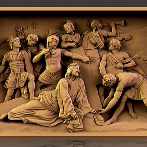 May include: A detailed, three-dimensional relief sculpture depicting the biblical scene of Jesus carrying the cross. The sculpture features Jesus, Roman soldiers, and a crowd of people. The sculpture is made of a light brown material and is set against a dark brown background.