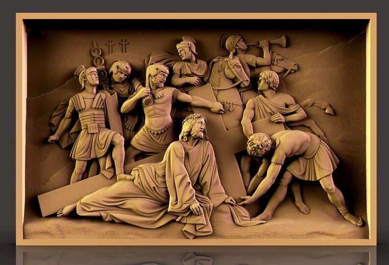 May include: A detailed, three-dimensional relief sculpture depicting the biblical scene of Jesus carrying the cross. The sculpture features Jesus, Roman soldiers, and a crowd of people. The sculpture is made of a light brown material and is set against a dark brown background.