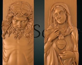 May include: Two wood carvings of religious figures. The carving on the left is of Jesus Christ with a crown of thorns. The carving on the right is of the Virgin Mary with a flaming heart.