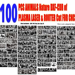 以下が含まれることがあります： CNCプラズマ、レーザー、ルーターカット用の100種類の動物と自然のデザインのデジタルコレクション。テキストには「100 PCS ANIMALS Nature DXF-CDR of PLASMA LASER & ROUTER Cut FOR CNC, Files Included: .DXF .Pdf .Svg .Eps .Jpg .Ai」と記載されています。