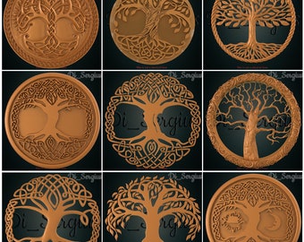 May include: Nine different wood carvings of a tree of life design. Each carving is circular and features intricate details of the tree's branches, roots, and leaves. The carvings are all a warm brown color.