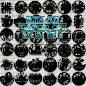 May include: Black and white digital file designs featuring various rock bands, including The Beatles, Led Zeppelin, and Queen. The text "DIGITAL FILES DOWNLOAD ONLY SVG DXF PDF AI" is displayed in the center.
