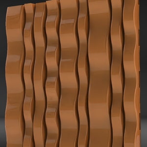 May include: A wall panel made of brown, wavy, rectangular tiles. The tiles are arranged in a vertical pattern, creating a textured surface.