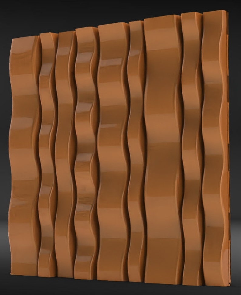 May include: A wall panel made of brown, wavy, rectangular tiles. The tiles are arranged in a vertical pattern, creating a textured surface.