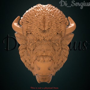 May include: A 3D printed model of a bison head, rendered in a light brown colour. The model is detailed with fur and horns.