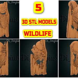 5 Tiere, Wolf, 3D STL MODELL, Elch, Mond, Hirsch, Bison, Bär, STL Datei, stl, 3d cnc, cnc Datei, Fräse, 3d stl Datei, Tranchiermaschine, Artcam