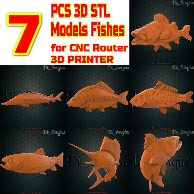 7 Fish 3D STL Models for CNC Router, Artcam, and 3D Printer (digital ...