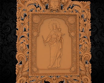 May include: A carved wooden frame with intricate details surrounds a relief sculpture of the Virgin Mary holding a baby Jesus. The frame is a rich brown color and the sculpture is a lighter brown.