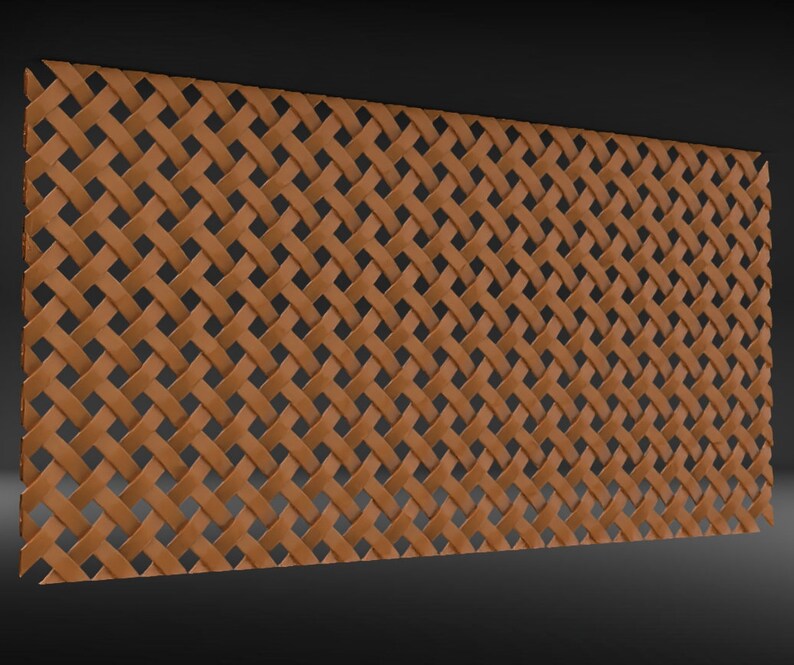 May include: A brown woven wall panel with a diamond pattern. The panel is made of thin strips of material that are woven together to create a decorative and textured surface.