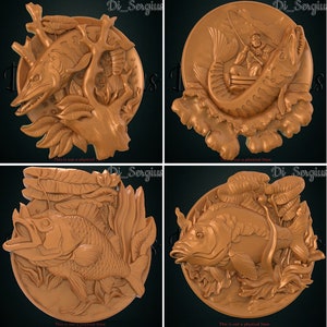 4 3D models stl Fish Fishing Decor Art Round  for CNC Router Relief, Artcam, VCarve, Aspire 3D printer Carving Instant Download Digital