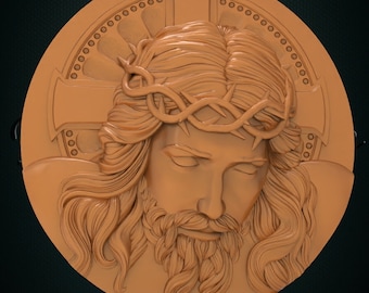 May include: A detailed, three-dimensional relief sculpture of Jesus Christ's face. The sculpture is carved in a light brown color and features a crown of thorns, a beard, and long hair. The sculpture is set against a background of a cross.