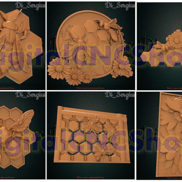 6 3D STL Model Bee wildlife Panno Panel Relief for CNC Router Aspire Carving Engraver ArtCam 3D Printer Instant Download Digital