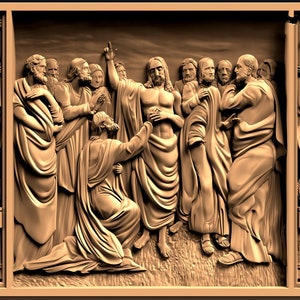 May include: A detailed wood carving depicting a religious scene with a central figure surrounded by other figures. The figures are dressed in flowing robes and appear to be in a state of reverence.