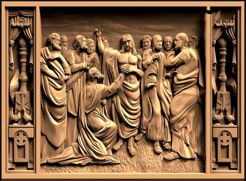 May include: A detailed wood carving depicting a religious scene with a central figure surrounded by other figures. The figures are dressed in flowing robes and appear to be in a state of reverence.