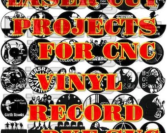 May include: A collage of 25 black and white vinyl records with various artist names and album titles. The text "LASER CUT PROJECTS FOR CNC VINYL RECORD DXF SVG" is in red and yellow letters.