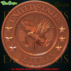 Modelo STL 3D de Estados Unidos, Veterano, EE. UU., Americano, Insignia para grabadora de fresadora CNC, máquina de tallado, relieve, Artcam, Aspire, VCarve, Cutt3D
