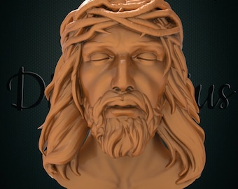 May include: A 3D-rendered bust of a man with long hair, a beard, and a crown of thorns. The bust is a warm, light brown color and has closed eyes. The text "Di_Sergius" is in the upper right corner. The text "This is not a physical item" is at the bottom.