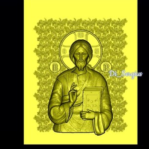 May include: A yellow 3D rendering of a religious icon depicting Jesus Christ holding a book. The icon is surrounded by a yellow floral pattern.