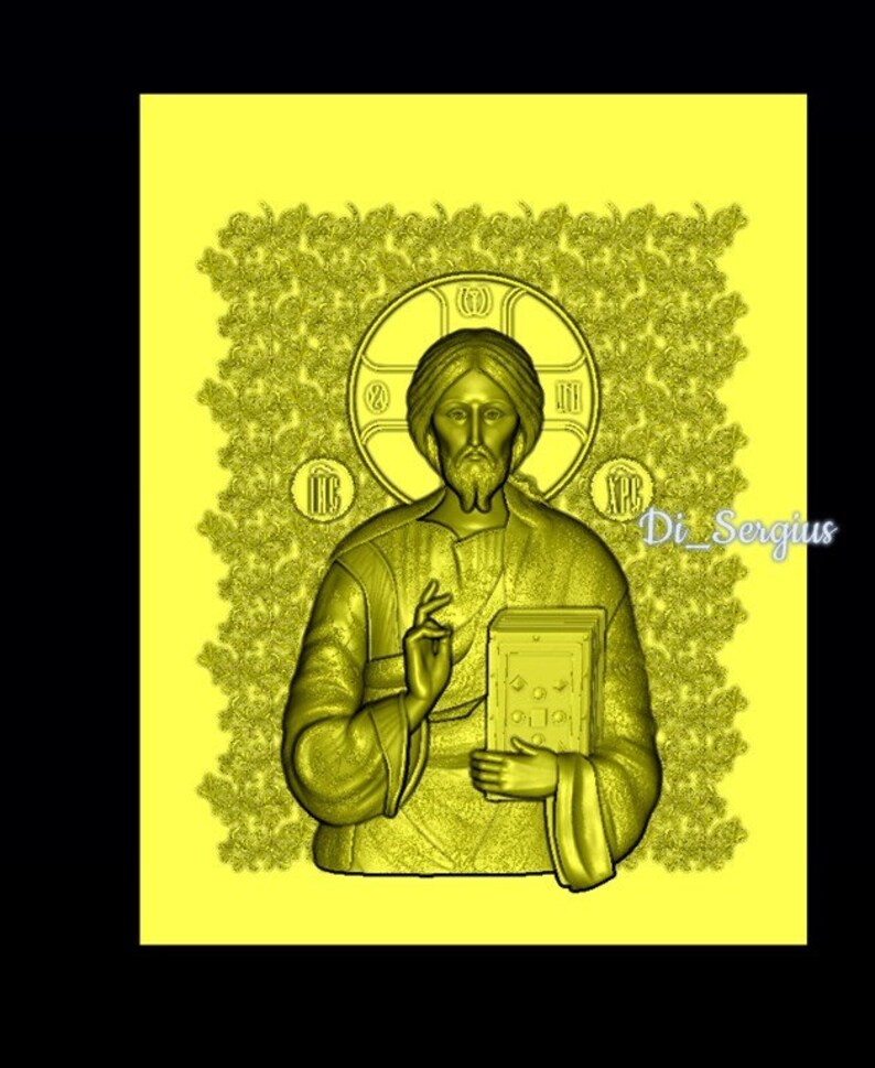 May include: A yellow 3D rendering of a religious icon depicting Jesus Christ holding a book. The icon is surrounded by a yellow floral pattern.