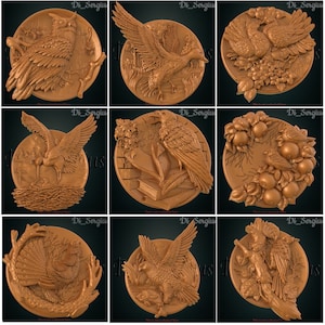 9 Vögel, Eule, 3D STL-MODELL, Taube, Ente, Krähe, Storch, Spatz, STL-Datei, stl, 3d cnc, cnc-Datei, Fräse, Falkendatei, Schnitzmaschine, Digital